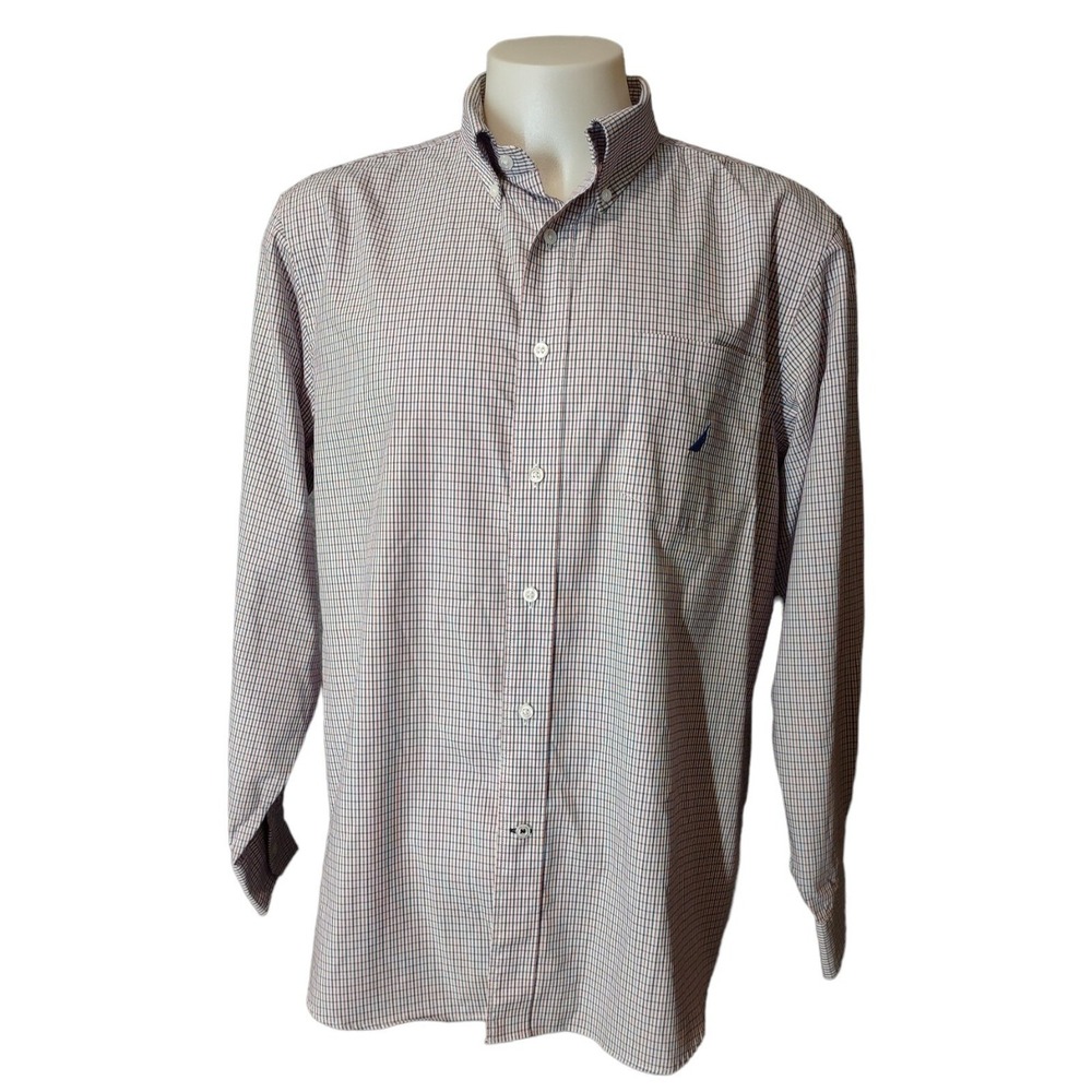 Nautica Shirt Men's XL Classic Fit Tattersall Plaid Red Blue Norm Core Preppy